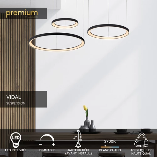 Lucide VIDAL - Suspension - Ø 78 cm - LED Dim. - 1x120W 2700K - Noir | Premium - USP